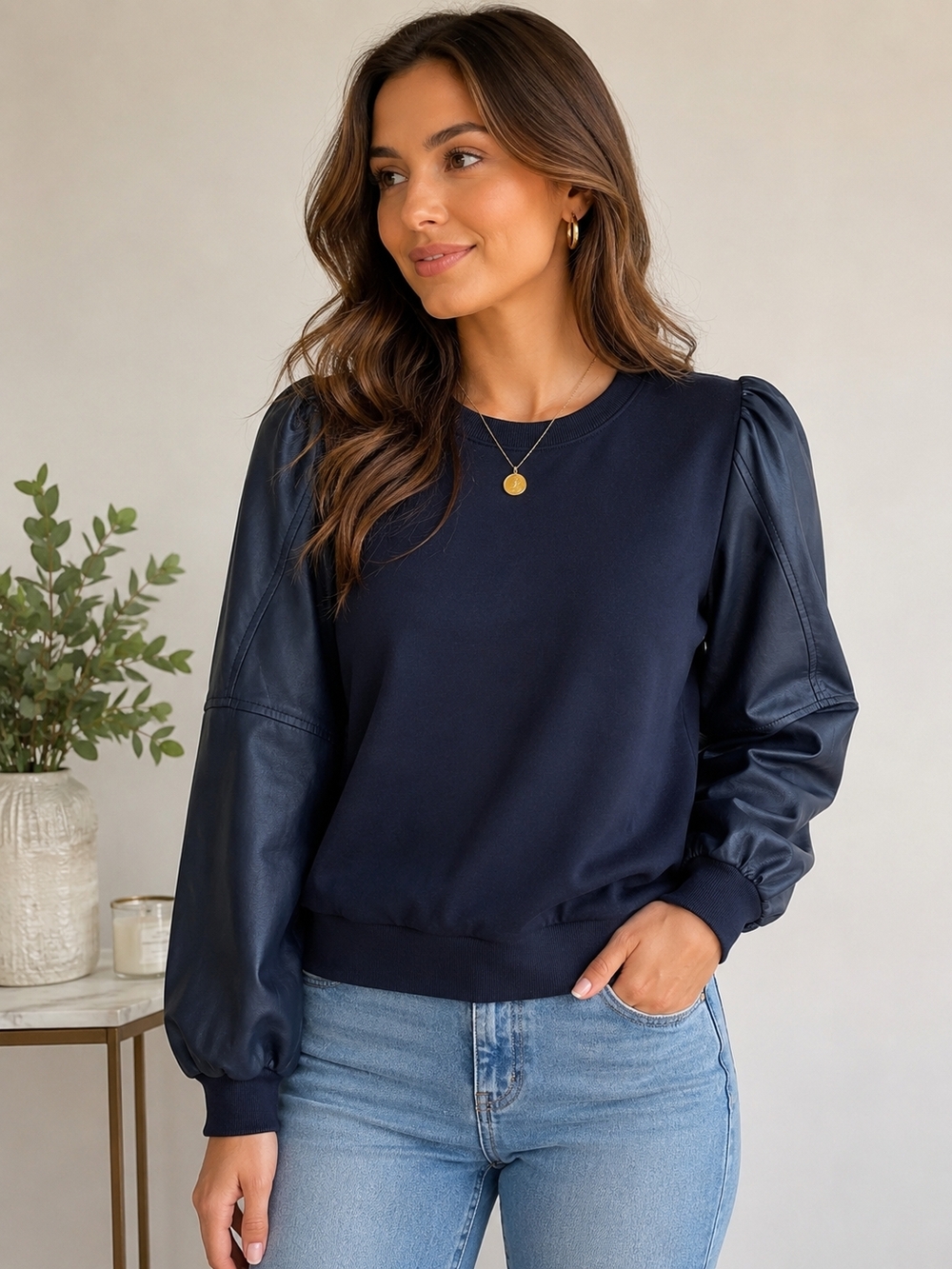 Whiteroom + Cactus Navy Faux Leather Sleeve Sweatshirt Small